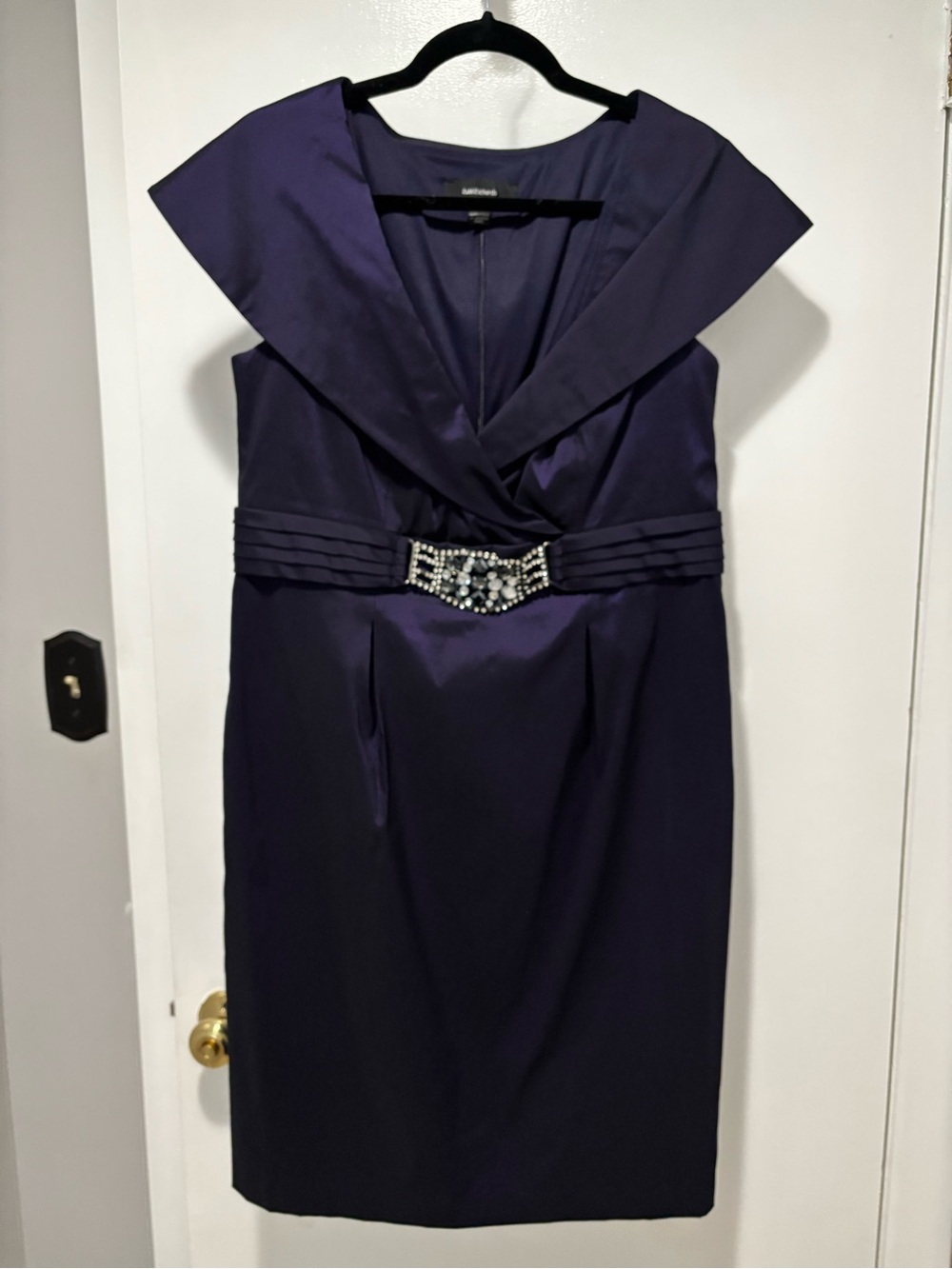 R&M Richards Deep Purple Satin Cocktail Dress with Jeweled Waist